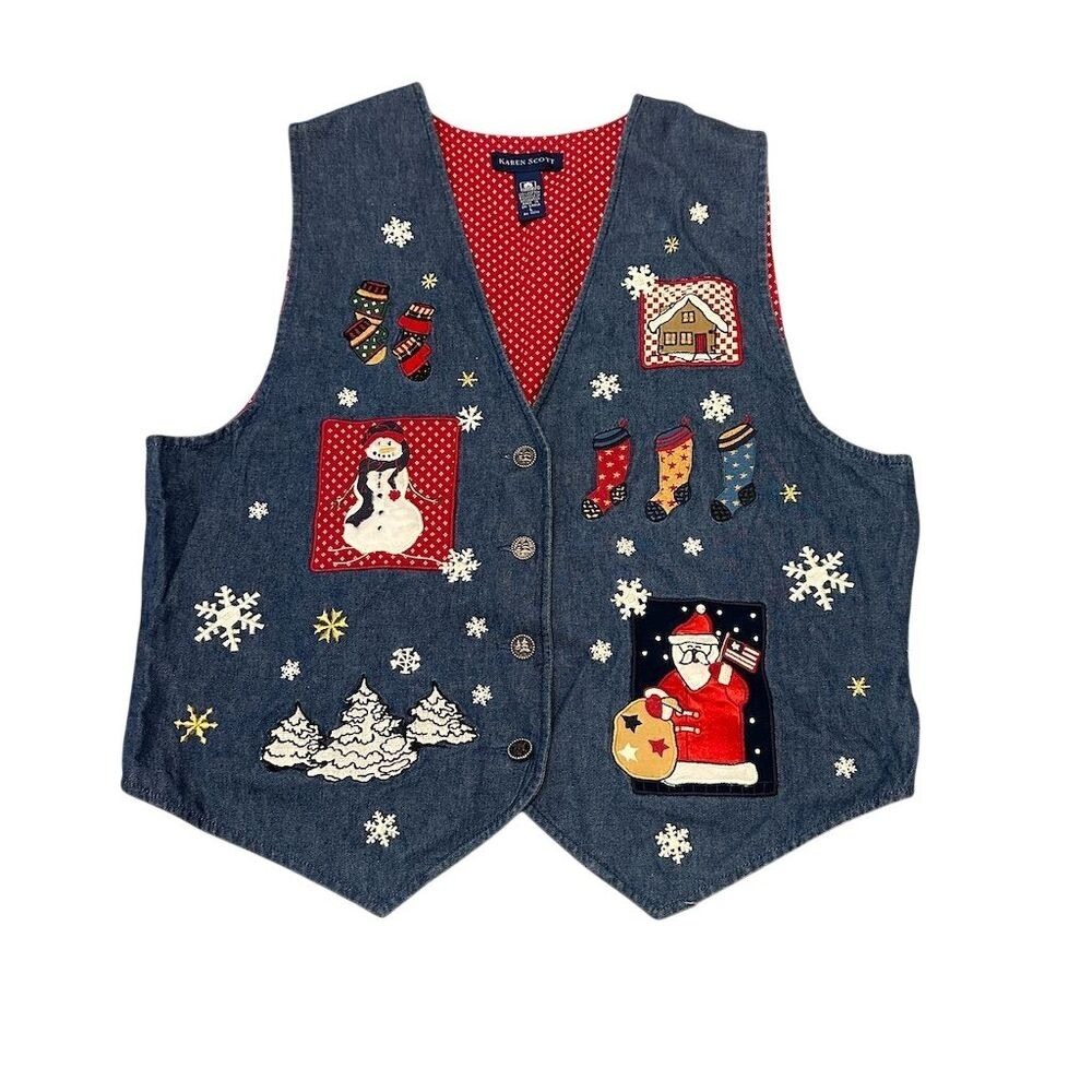 Karen Scott Women's L Blue Denim Christmas Vest Embroidered Holiday